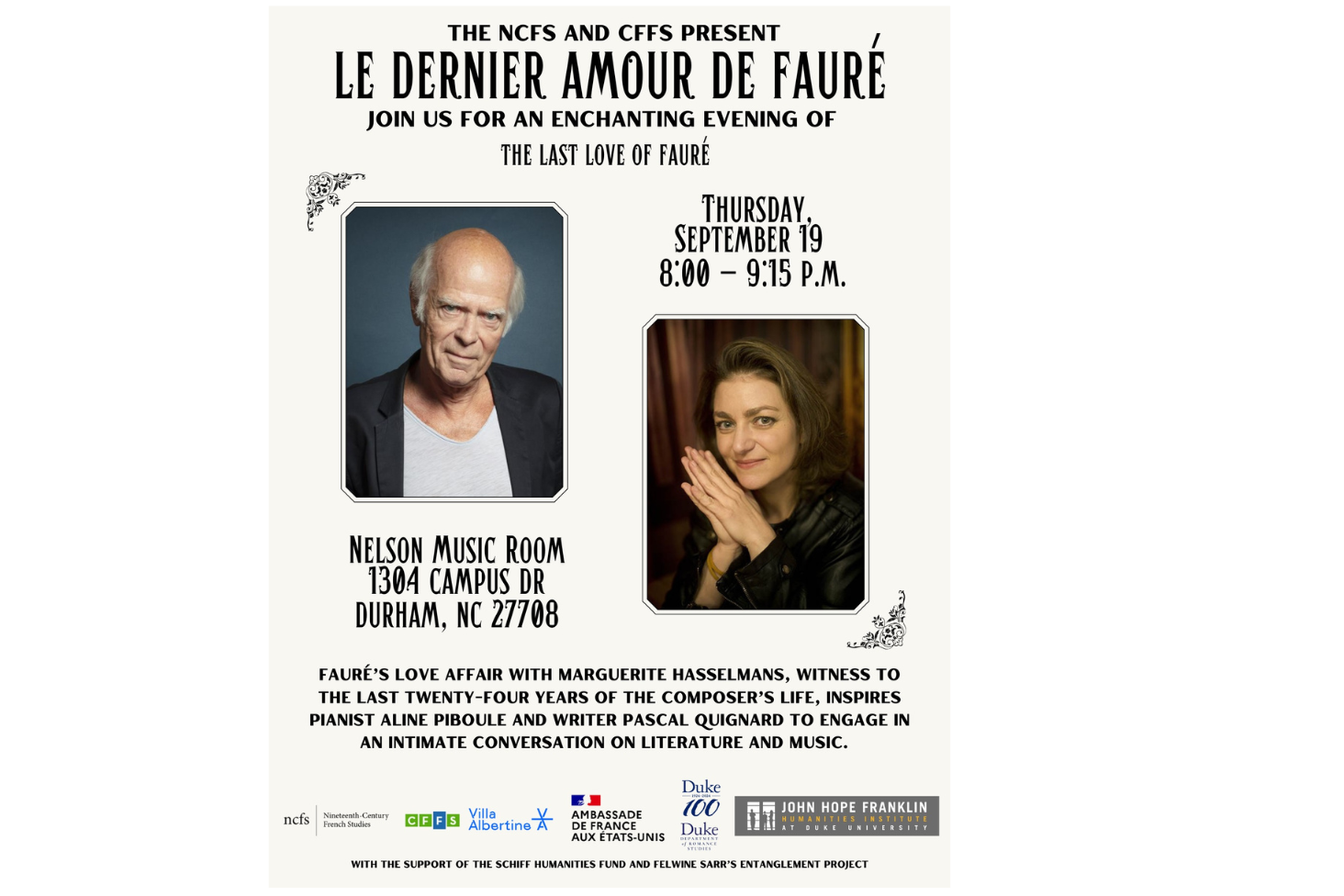 pictures of ALINE PIBOULE, PASCAL QUIGNARD on flyer announcing their musical event